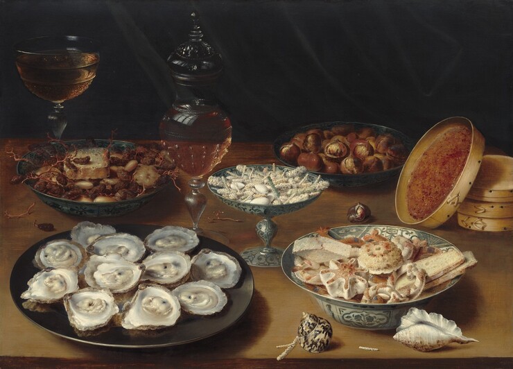 Osias Beert the Elder, Dishes with Oysters, Fruit, and Wine, c. 1620/1625