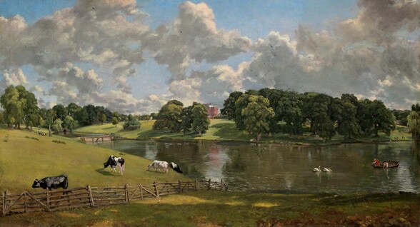 We look out onto a landscape with low, grassy hills to the left, a lake to the right, and a brick building in the center distance below a sky filled with towering white clouds in this horizontal painting. A wooden fence closer to us crosses the landscape from the lower left corner and disappears where the land slopes down to meet the water at the center of the painting. Several black and white cows graze in the field beyond the fence to our left. Two men in a wooden boat pull in nets on the lake to our right near a pair of swans. The lake crosses the composition in the near distance, disappearing into a culvert farther back. A donkey pulls a small carriage with two people near a bridge that crosses the lake in the distance to our left. The brick manor house is visible through a break in the full, deep green trees that line the horizon, which comes halfway up the composition. The clouds cast noticeable shadows in the brightly sunlit scene.
