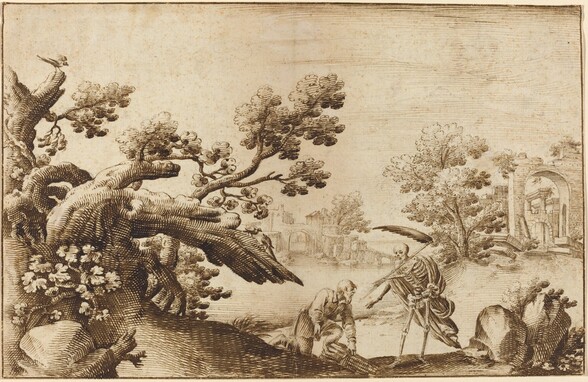 Death and the Woodman in a Coastal Landscape with Ruins