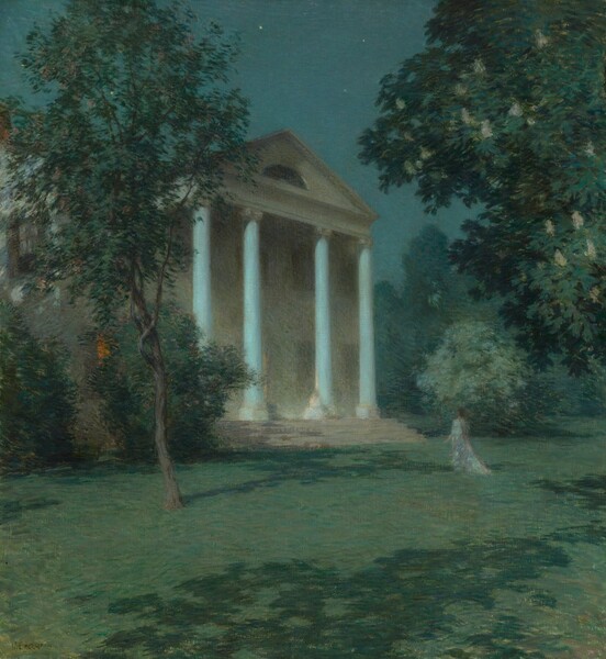 Moonlight bathes a grassy lawn, where a woman walks to a building with columns and a triangular roof in this vertical painting. To our left of center, the building glows white. The rest of the landscape is loosely painted with blended strokes, giving it a soft look and making some details difficult to make out. To our right, the woman has brown hair and wears a long white dress that trails on the shadow-dappled lawn. She approaches the front of the building, which has four steps as wide as the building that lead up to four columns. A form at the base of one of the columns suggests another woman wearing a full, white dress sitting at the top of the stairs. A half-round window, flat across the bottom, is dark in the center of the triangular pediment above. The left side of the building is mostly hidden behind tall bushes and a slender tree like a crape myrtle, which reaches off the top edge of the canvas. A dark orange glow is visible from a side window between the bushes, and soft yellow-white light reflects on the backs of the columns and the seated person at the front of the building. Dark blue-green trees stand beyond the building on the right, where a large flowering horse-chestnut tree there dominates the upper right corner of the painting. The sky is clear ocean blue with a handful of stars that show through. The paint is thinly applied so the texture of the canvas shows through in some areas. The artist signed and dated the painting in black in the lower left corner, “W. L. Metcalf 06.”