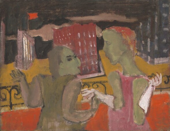 Untitled (two women before a cityscape)