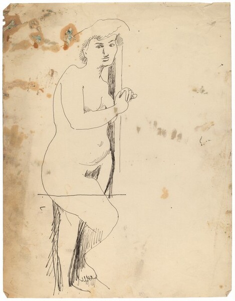 Standing Female Nude, Leaning against Wall with Hands Clasped and Raised