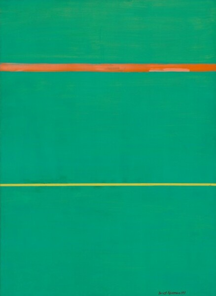 A solid field of shamrock green is divided by a pumpkin-orange line a quarter of the way down from the top and a crisp, canary-yellow line about a third of the way up the bottom in this abstract, vertical painting. The artist signed and dated in the lower right, “Barnett Newman 1949.”