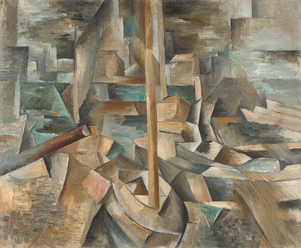 A patchwork of earth-toned rectangles, cubes, and prism-like shapes surrounded by pools of cool aquamarine and silvery gray fill this square, nearly abstract painting. Brushstrokes, which are mostly horizontal, and dashes are visible throughout. A curving, pointed form at the lower center could be a boat with a tall, fawn-brown mast. It is surrounded by forms suggestive of rocks, other boats, or structures against a watery horizon. Most of the shapes around the boat are leather brown, tan, apricot orange, muted violet, or steel gray. Another pole, also suggestive of a mast, angles up from near the lower left corner, about a third of the way into the composition. Many of the shapes are outlined with charcoal-gray lines. Horizontal and blended strokes in pewter gray and icy blue at the upper corners suggest the sky.