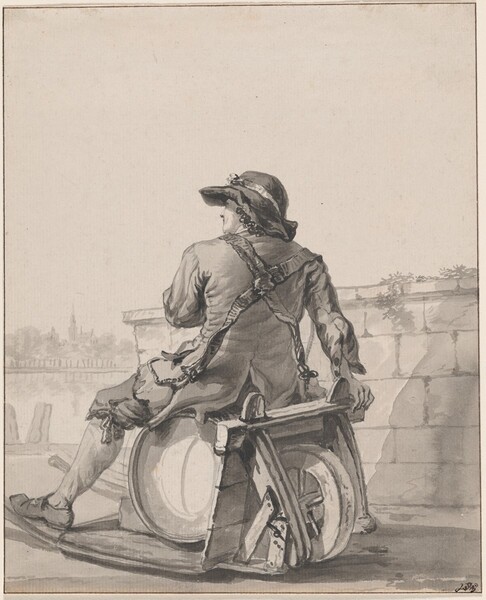 Man Sitting on a Cask on a Wheelbarrow