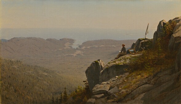 A man sits on a sheer, rocky outcropping high above a sunlit expanse of land that stretches to meet a sun-dappled sea in this horizontal painting. The outcropping slopes in to fill the right half of the composition, and is partially carpeted by mustard-yellow, brown, and moss-green growth. Bright sunlight coming from the upper right glints off some of the craggy, steel-gray rock faces. The man is small in scale within the composition, and sits near the top right with his legs stretched out in front of him. He wears a denim-blue shirt, tan pants, and soft hat with a narrow brim. He appears to have red hair and a beard. He holds a white object in front of him, presumably paper or a notebook. Behind him an open box of paints and brushes sits near a camp stool with a closed white parasol planted next to it. A lower hill in the middle distance slopes in from the left side and disappears behind the outcropping closer to us in the center of the composition. The hill is covered with muted greens and yellows, and darker touches indicating scattered pine trees. The hill descends to meet the flat, mauve-tinted land, which is crisscrossed with shallow fissures. The area where the narrow band of powder-blue sea meets the sky, about three-quarters of the way up the canvas, is painted with a tan-colored haze. The artist signed the work in the lower right as if he had carved his name and the date into the rock. It reads, “S R Gifford 1865.”