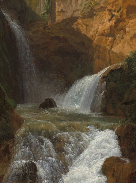 Fed by two waterfalls, an olive-green stream with foamy whitewater spills toward us, cascading over rocks and boulders in this vertical painting. Sunlight cuts across the sheer, rust and caramel-brown cliffs that fill the composition beyond the waterfalls, throwing the area closest to us in shadow. The stream is fed by a tall, thin waterfall to our left and a wider, lower waterfall to our right. One dark rock pokes out of the pool at the foot of the waterfalls. Tumbling forward over a broad, horizontal ledge about a third of the way up from the bottom, the stream breaks over massive rocks into fan-shaped cascades. The rushing white water is painted with choppy brushstrokes. Dark green shrubs are tucked into the corners and crevices of the cliffs and rocks.