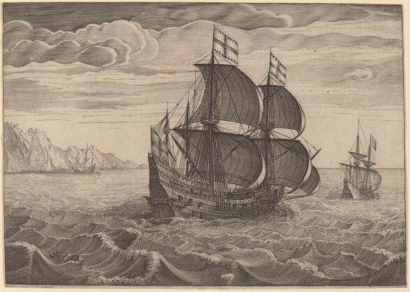 Ship in Full Sail with Two Flags