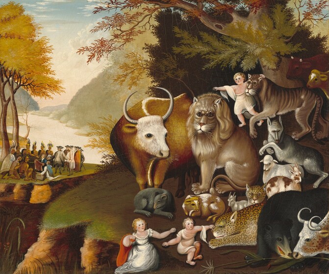 Three small children with pale pink skin sit and stand among a group of animals to our right as a group of eight indigenous people with light brown skin gather with eight white-skinned men near a riverbank in the distance to our left in this horizontal painting. The children and animals take up the right two-thirds of the composition. They gather on a flat-topped spit of land, which is covered in grass. All three children have blond hair and rounded features. Two sit on the ground at the bottom center of the painting. The largest animal is a caramel-brown bull, which stands next to a pale golden lion. The other animals are smaller in scale, and include a tiger, wolf, sheep, goats, cows, bears, and a jaguar, all sitting or standing at rest around the bull and lion. At the top center of the group of animals, one child stands over the lion’s back and has one arm around the tiger’s shoulders, and another child at the lower center touches the jaguar’s nose. A tree with olive-green, rust-red, and harvest-yellow leaves grows up the right edge of the canvas, in front of a tall, forest-green bush. On another spit of flat-topped, elevated grassy land to our left, six of the indigenous people stand in a row, wearing feathered headdresses. Two more kneel in front, creating a U-shape. The two in front wear loin cloths, and all eight wear gold earrings and necklaces. They face a gathering of eight men wearing tricorn hats, long coats, waistcoats, knee-length britches, and stockings in shades of gray, blue, white, brown, and orange. One of these men hold up a roll of cloth lifted out of a chest. Trees with spindly trunks and golden yellow canopies reach into the top corner of the painting along the left edge. The river extends into the distance beyond this group, with pale, sage-green hills carpeted in trees. Puffy white clouds float across a sky that deepens from pale shell pink along the horizon to light blue along the top. The features of the animals and children are painted simply and appear rather flat, giving them an almost cartoonish look.