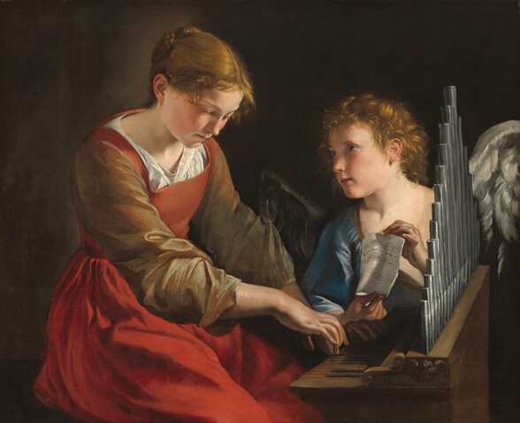 A young woman plays a small pipe organ while a winged angel holds up a piece of sheet music in this horizontal painting. A strong light source illuminates the scene from our right, creating deep shadows in the dark background. Both the woman and angel have pale skin, flushed cheeks, and light brown hair. Shown from the knees up and taking up the left half of the painting, the woman’s body is angled to our right as she sits at the organ, which is near the right edge of the composition. Her hair is pulled back into a braid, and wisps fall on her forehead. Her skin is smooth, and her head tilts down toward the organ. Her cherry-red dress has a squared neckline and olive-green sleeves over a white shirt. The voluminous sleeves are pushed back over her forearms as she rests her fingertips on the keys of the organ. Gazing toward the woman, the angel has short, curly hair, silvery gray wings, and wears a topaz-blue garment. Two lines of music on the paper the angel holds have notes written in and one staff is empty. The small organ is angled away from us so we see one narrow end and the row of low pipes along its back. The dark brown background lightens behind the young woman’s head.