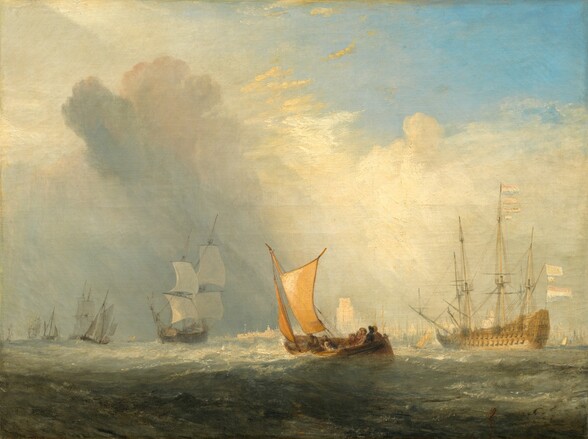 A passenger boat, its bright tan sails reflecting the sun, careens among choppy water with at least eight more sailboats and a town along the water’s edge in the distance in this horizontal landscape painting. The water closest to us is muted slate blue, and it lightens as it extends to the horizon, which comes less than a quarter of the way up this composition. We look onto the long side of the passenger boat, at nine men, women, and children huddled in two groups there, in the lower center of the composition. The people wear black, white, red, or blue, and all seem to wear hats, though they are sketchily painted. Foamy, white crests lap at the long side of the tilted boat. Several larger ships with white sails unfurled float beyond to our left. To our right, seven flags and banners fly from a three-masted ship with its sails tied up. Two rows of more than a dozen black canons each poke through doors along the side we can see. It floats upright, closer to the distant town lining the water across the right half of the picture. The buildings are painted with strokes of white paint to create loose silhouettes. Loosely painted vertical strokes suggest more boats and ships lining the harbor. A bank of cream-white and some pale gray clouds fill most of the sky, breaking to reveal blue sky only in the upper right corner of the painting.