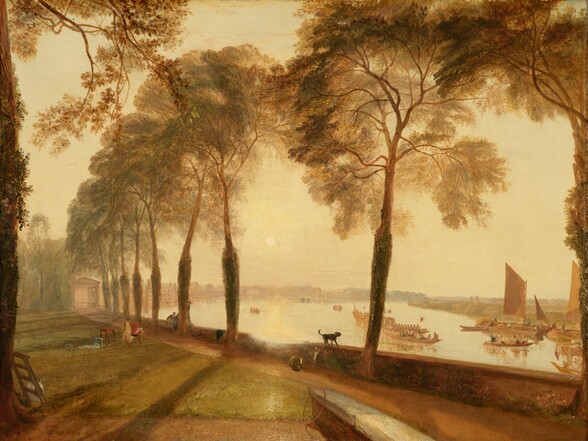 Painted in golden tones of butter and harvest yellow, tawny brown, and olive green, this horizontal landscape painting has a low wall stretching diagonally from the lower right corner off to our left, dividing a river to our right from a grassy lawn to our left. The waist-high wall is lined with tall trees with high canopies, which fill most of the composition. Close to us, at the lower center of the painting, a hoop rests against the end of a second, low wall. A short ladder with four rungs leans against a tree trunk in the lower left corner. Only a sliver of the ivy-covered trunk rises along the left edge of the painting. A short distance away, two chairs near a small, square-topped wooden table sit on the grass under the long shadows of the tall trees. Two or three people, seeming to wear long skirts, stand or sit on the long wall that spans the width of the painting, behind a nearby tree trunk. A navy-blue garment lies over the wall to our right, and a black dog walks on the wall near the center of the painting, beyond the people. Barely visible, a small white dog stands with its front paws on the wall next to the black dog. A pathway alongside the trees and wall leads to a covered structure with a triangular pediment roof held up by fluted columns in the distance. Several long, low barges filled with people float in the river to our right. Red and white flags flutter in the breeze and the full, rectangular sails of a couple of the boats are raised. The placid surface of the river is thickly painted, especially where the small disk of the pale yellow sun reflects on the golden surface of the water below. The horizon comes about a third of the way up the composition and is lined in the deep distance with a band of loosely painted, muted, mauve-pink buildings and trees.