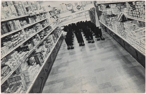 100 Boots in the Market. Solana Beach, California. May 17, 1971, 9:30 a.m.