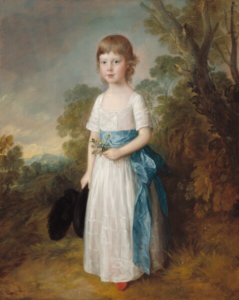 A young, light-skinned, rosy-cheeked child stands against a landscape of trees and rolling hills in this vertical portrait painting. Some areas are loosely painted, especially in the background, giving the portrait a soft look. The boy stands with his body angled to our left but he turns to look at us with clear gray-blue eyes under faint brows. He has a straight nose and his dark rose-pink, heart-shaped lips are closed. His wispy, honey-brown hair curls around his face and down the back of his neck. He wears a long, white, dress-like garment with bands of satin on the short sleeves and around the bottom. The garment is gathered at the waist with a wide, robin’s egg-blue sash tied in a bow, with ends that reach down to the ground from his left hip, on our right. The boy holds a small bouquet of white and mustard-yellow flowers white moss-green buds and stems in front of his belly with his left hand. His other arm hangs by his side and he holds a large black hat with a fluffy plume. The toe of one orange-red shoe pokes out under his garment. Around the boy, the grasses, bushes, and trees are painted loosely in muted greens, browns, and golden yellows. The sky deepens from smoke gray at the upper left corner to pale yellow on the far-distant horizon.