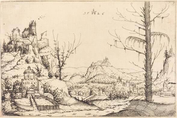 Landscape with High Cliffs, River, and City