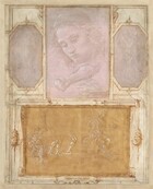 Four drawings of faces and bodies are affixed onto a larger vertical album page, on which architectural decorations have been drawn on to act as frames. Three vertical drawings are spaced along the top half of the ivory-colored album page, and one larger horizontal drawing fills the bottom half. Drawn with brown ink and gray washes, the frames resemble moldings and scrolls around each drawing, with garlands flanking the bottom sketch. The three drawings in the top zone are done with metalpoint on gray or mauve paper and are highlighted with touches of white. The metalpoint technique creates faint silvery-gray lines. In the top left drawing, a nude man stands facing us. In the center, the face of a cleanshaven young man with curling hair beneath a cap looks down and to our left. Below the face, a forearm and hand clutching a rock appears next to another study of a hand. In the drawing to our right, a man wearing a toga-like robe leans on a walking stick, facing our left in profile. The drawing at the bottom is done with gray metalpoint lines and white strokes against golden yellow paper. A person sits and twists up in a spiral to our left. In the center of this drawing are three studies of muscular legs. Then, to our right, a man sits on a throne holding a spear or scepter and globe, facing our right in profile. An inscription in the frame below the bottom drawing reads, “Filippo Lippi Pitt: Fior:”