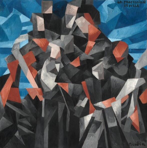 Angular, geometric shapes in charcoal and smoke black, pewter and silver grey, white, pale pink, and coral orange pile up to form a rough pyramid shape that fills the height of this square, abstract painting. More fragmented shapes in cobalt, azure, and light blue fill the upper left and right corners to either side of the apex, and one triangular space on its middle left. The artist has inscribed, “LA PROCESSION SEVILLE” in black capital letters near the top right edge and “Picabia” in the lower right.