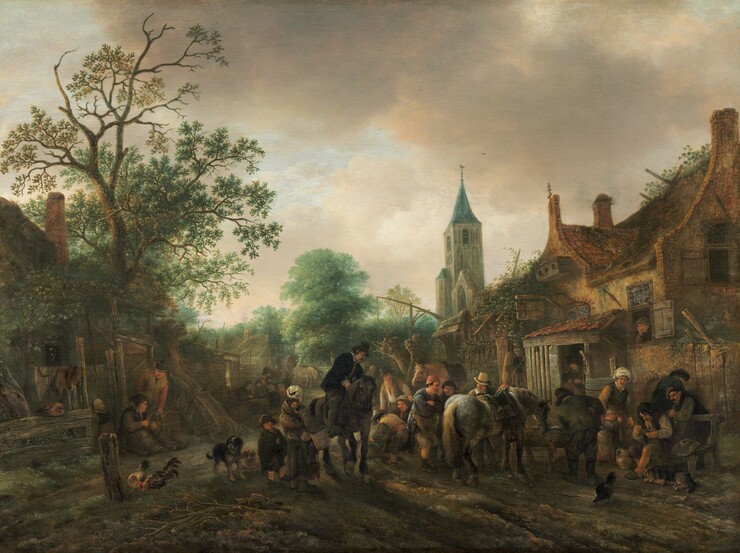 A group of pale-skinned men, women, and children along with a few horses and dogs form a loose line across a dirt road, which is flanked with rows of buildings on both sides that converge in the tree-filled distance in this horizontal painting. The scene is painted mostly with sage and moss green, peanut and caramel brown, cream white, and black. Most of the people wear hats or caps. The women wear long dresses and the men wear jackets and pants. One man wearing a black jacket with buttons down the front, and with white at the neck and cuffs, leans down from atop a black horse at the center of the group. Another man with a tall, cream-white, brimmed hat and white collar stands behind a dappled horse to our right of center. Men, women, and children, most wearing tattered and worn clothing, look on. One woman to our left holds a baby strapped to her back and others gather around the horses. A pair of men in front of a stone building to our right smoke long, white, tobacco pipes. Others peer out of the open door and windows. An illegible wooden sign hangs above the door. Leafy vines grow over parts of the building façade. To our left, a woman sits on the ground and holds a spindle as she winds wool with a spinning frame. A man leans down over her shoulder, and a child looks away from us, into a fenced enclosure in front of a building. People, horses, dogs, and chickens are scattered along the road into the distance, and a church steeple rises against the ivory-white clouds in the sky beyond. A partial inscription with the artist’s name and date appears in black paint in the lower right corner: “Isack van Os 164.”