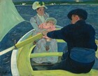 We look slightly down into a lime-green and white rowboat carrying a woman holding a baby and a man in this nearly square painting. The man wears midnight-blue shoes, pants, jacket, and soft, floppy cap. He sits with his back to us, bending forward to row the boat, which is cropped by the bottom edge of the canvas. The left side of his ruddy face is visible over his left shoulder. The woman and baby both have pale skin. The woman and baby sit across from the man, facing us to our left in the bow. The woman’s long-sleeved, sky-blue dress is crosshatched with pink lines. The baby leans back in the woman’s arms, and wears a pink dress, blue socks, and brown shoes. The wide-brimmed hats on both the woman and baby are painted pale celery green. They gaze toward or just past the man. The corner of the boat’s sail, also painted pale green, is pulled taunt by the wind to our left. Azure-blue water surrounds the boat up to the high horizon line, which brushes the top edge of the painting. The shoreline in the distance is lined with trees and dotted with white houses with red roofs.