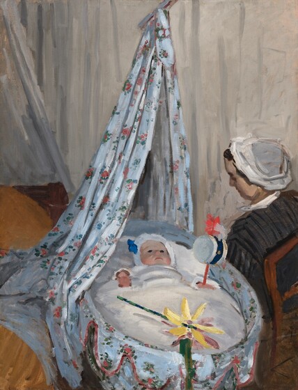 We look slightly down onto a baby tucked into an oval-shaped cradle with a woman sitting on the far side looking down at the child in this vertical painting. Both the woman and baby have light skin. The cradle is draped with a sky-blue, scallop-edged cloth decorated with pink flowers and green leaves. A curtain of the same material is tied above so it hangs down behind the head of the cradle from the top center of the composition. The baby’s dark eyes are wide open, and he seems to gaze ahead. His cheeks are flushed peach, and his coral-pink lips are pressed down in a crescent shape. The baby’s head is wrapped in a white hood with a royal-blue bow or decoration over the right ear, to our left. Two loosely painted, round, salmon-pink shapes on either side of the child suggest hands emerging from the under the white blanket. In his left fist, to our right, the baby holds a white drum on a pumpkin-orange stick, with red and white forms, possibly feathers, at the top. The dark green handle of a pinwheel lies across the baby’s legs in the cradle. Another green, vertical form overlapping the edge of the crib suggests that another toy is clipped or propped there. It is difficult to tell if the pinwheel in the crib has canary-yellow and mauve-pink blades or if there are two, overlapping toys. The woman sits with her back to us but is angled so we see her profile looking down at the baby. Her face is painted with broad strokes of sand brown and parchment white. Her dark hair is pulled back under a white cap, and she wears a charcoal-gray and black, vertically striped dress with a white collar. Her back rests against the slats of a wooden chair, which seems to dissolve into the loosely painted, fawn-brown area in the lower right corner. The cradle sits next to a bed, mostly cut off by the left edge of the painting, with a golden-brown blanket or cover. Eggshell-white cloth seems to hang around the bed and along the wall behind the woman. The scene is loosely painted with visible brushstrokes.