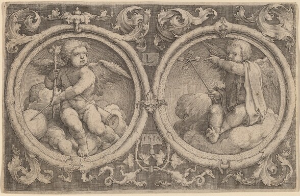 Two Cupids Seated on Clouds in Two Circles