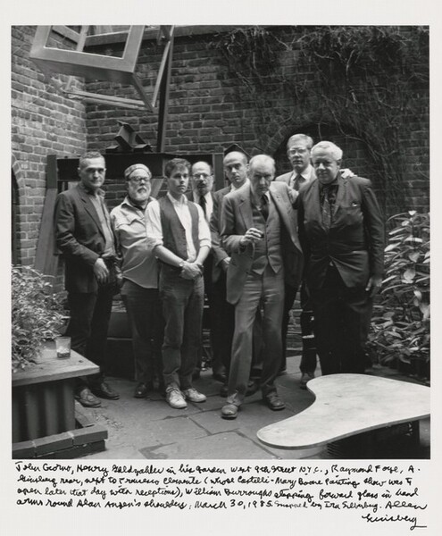 John Giorno, Henry Geldzahler, in his garden West 9th Street, N.Y.C., Raymond Foye, A. Ginsberg rear, next to Francesco Clemente  (whose Castelli - Mary Boone painting show was to open later that day with receptions), William Burroughs stepping forward glass in hand arms round Alan Ansen
