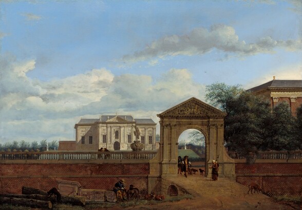 We look across a dirt road or path at a tall, brick wall flanking an ornamented, stone gateway with a white, marble manor house in the distance beyond in this horizontal landscape painting. Atop a low hill, the sunlit manor is outlined against a vivid, light blue sky with silvery gray, fluffy clouds, which fills the top two-thirds of the composition. Statues line the gray, tiled roofline along the central section of the house, and more statues stand in the grassy lawn to either side. Closer to us, the gateway and people around it are cast into shadow. The arched gate is flanked by flat columns and is topped with a triangular pediment filled with relief sculpture of people and ornamental scrolls. A ramp leads up to the opening of the gate. Two men passing under the arch have long, brown hair and wear brimmed hats, long coats, breeches tied at the knee, and stockings. The man in front carries a walking stick. A woman wearing a white head covering and long, dark dress, carries a baby tied to her back and holds her hand out toward the men. Three brown dogs walk by the men, one raising a leg against the gate, and a fourth sniffs at the side of the ramp where it meets the ground. The red brick wall is topped with a balustrade. To our left of the gate and on the far side of the wall, two men lean on the balustrade, angled in toward each other as if in conversation, near a fountain with a female person on an ornamental urn. Below them, at the foot of the brick wall, a man sits on a cracked piece of marble, presumably an antique sculpture from a building, next to three long, trimmed logs. Wearing a royal blue suit with golden yellow stockings and a tan, brimmed hat, he leans forward to touch the collar of a dog while four other dogs stand, sit, and lie down near the man. To our right, the roofline of a large, red brick building is seen over the tops of a grove of trees on the far side of the wall. The painting style throughout is detailed and precise, so one could conceivably count the individual bricks in the wall, for instance.