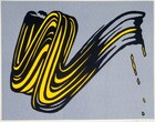 A single stylized brushstroke creates a compressed W form that almost fills this nearly square screenprint on paper. The canary yellow brushstroke is heavily outlined with black, which creates the impression of shadows and texture swirling through the swipe of yellow paint. A few drops of yellow outlined with black suggests that the paint dripped down to our right. The background is a tight, regular pattern of small cobalt blue dots against a white ground. The artist signed the work in graphite under the lower right corner: “rf Lichtenstein H.C. G.”
