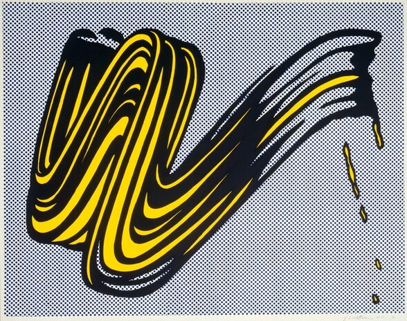 A single stylized brushstroke like a compressed W with a long stroke to our right almost fills this horizontal screenprint on paper. The canary-yellow brushstroke is heavily outlined with black, which creates the impression of shadows and texture swirling through the swipe of yellow paint. A few drops of yellow outlined with black suggest that the paint dripped down to our right. The background is a tight, pattern of small cobalt-blue dots against a white ground. The artist signed the work in graphite under the lower right corner: “rf Lichtenstein H.C. G.”