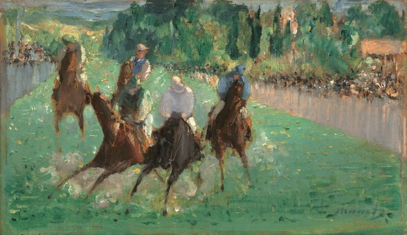 We find ourselves on an emerald-green racetrack as a dusty cluster of horses and their jockeys bear directly down on us in this loosely painted horizontal landscape. Closest to us, three horses run with their legs widely splayed and a fourth brings up the close rear to our left. Only closer inspection reveals a fifth horse nearby, seen over the shoulder of the jockey to our left of center. All the horses are chestnut brown except the second from our right, which is black. The faces of the jockeys are indistinct but they seem to have light skin. The jockey on the leftmost horse wears celery and lemon-lime green. The jockey on the nearly hidden horse wears a sky-blue vest with shell-pink sleeves and a pink hat. The jockey to our left in the closest pair, on the black horse, wears silvery-white and his neighbor wears steel blue. Slate-gray fences line the racetrack to either side and beyond both, speckles, flicks, and dots of brown, black, and cream suggest spectators. Pine-green and olive-colored trees touched with specks of yellow and peach fill the background to the right of the track. The trees reach beyond the top edge of the panel and the sliver of sky above is marine-blue. The artist signed the work with blue paint in the lower right corner: “Manet.”