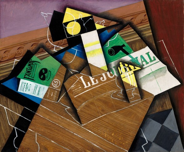 We look down onto a pile with a newspaper, theater program, pipe, a black and white checkerboard, and other objects painted as abstracted, geometric forms on a tabletop in this nearly square still life painting. Near the center, a rectangular form like a newspaper is painted with the headline “LE JOURNAL.” Next to it, to our left, a playbill has the name “FANTOMAS” written in black against a parakeet green background, above black mask and a “65” in a circle below. The image is visually confusing, though, for there are blocks of the parakeet green and stylized, painted wood grain, but the color and woodgrain pattern do not line up with the objects like the newspaper and playbill. Moreover, seemingly unconnected to the objects, colors, and spaces below, yet more objects like a goblet and bowl of fruit are painted with white outlines. For instance, the woodgrain pattern interrupts the playbill and newspaper to create the impression of a wood panel at the lower center of the composition. This conflicting pattern means that the lettering of the newspaper changes from white against the brown woodgrain to the parakeet green against white. The silhouette of a pipe on the newspaper changes from black against the green background to green against white, and then the form of a footed goblet near a bowl of fruit is drawn in white lines across it all. A checkerboard pattern seems layered under the woodgrain and papers, near the lower right corner, and another pattern like architectural molding carved with stylized leaves runs along the back, above the papers. The papers and a few other objects seem to cast shadows on the blocks of color behind them, so areas of lilac purple at the top left and burgundy red along the right edge read visually as a background behind everything. The artist signed the work in black on the lower left corner: “Juan Gris / 8-1915.”