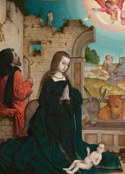 In the stone ruins of a building, a woman, Mary, kneels with her hands in prayer over a thin-limbed baby lying in front of her in this vertical painting. There is a man behind Mary, to our left, two more in a field to our right, and a winged angel in the upper right corner. They all have pale skin. Mary’s unbound blond hair falls over her shoulders. She wears a celestial-blue dress, and her teal-blue cloak is edged with gold. Her body is angled to our right, and she looks down her straight nose at the baby near her knees. The nude baby has blond curls and a chubby tummy and cheeks. An ox and an ass look down at the baby from behind a stone trough to our right. The man behind Mary wears a forest-green cap and scarf over a tomato-red robe. One hand rests on a staff, and he looks up at the angel in the top right corner. An owl looks down at the man from atop the stone ruins, near the top left corner. Two men recline and about a dozen white sheep lie on low hills in the near distance to our right. One of those men sleeps and the other holds up both hands as he looks into the sky. The angel in the top right corner emerges from a petal-pink and pale yellow halo against a star-strewn blue sky. The angel wears rose pink and has dark pink wings. A scroll held across both arms reads, “GLO” and “INECELSIS DEO.”  