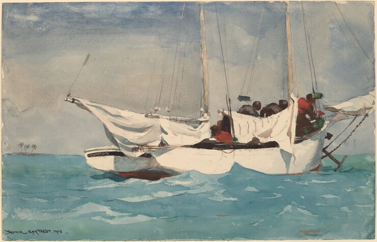 A white boat with sails lowered floats in an aquamarine-blue ocean under a pale, sapphire-blue sky in this horizontal watercolor painting. To our right of center, the boat floats with its right, starboard side facing us and the bow angled slightly away. The white sails bunch up under the lowered, horizontal booms just above the top of the boat. The masts and rigging extend off the top of the composition. A group of a few people are gathered in the bow, on the far side of the sails. They are painted loosely but appear to have brown skin and red or black clothing. Waves lap against the side of the boat. To our left, an island or sliver of land with three palm trees deep in the distance lines the horizon, which comes about a third of the way up the composition. The water and sky are painted with layers of pale washes. The artist signed and dated the work in the lower left corner with dark paint: “HOMER KEY WEST 1903.”