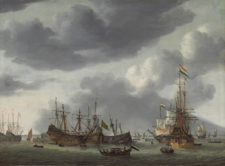 A sage-green harbor teems with more than a dozen sailing ships and rowboats under a pale gray sky in this horizontal painting. The horizon comes about one-fifth of the way up the composition, and dark gray and white clouds tower above. Light filters onto the scene through the clouds from our left to fall across the ships while casting shadows on the water nearest us. Painted in tones of slate gray and warm brown, most of the ships closest to us have their sails furled so the masts and horizontal yard arms bristle against the sky. The larger ships have cannons poking out of square portholes. On our right, a war ship floats with its ornately carved and gilded stern facing us. A flag flying from the tallest of the three masts has red, white, and green stripes. The artist painted his name on that flag, “R. Zeeman.” The ship is tied to a buoy with a length of rope, and an empty rowboat is tethered to the right side of the ship. A similar ship but with the sails hanging loosely is tied to a buoy just beyond this one. A row of pickets, like a fence, extends into the water behind these two ships. To our left, a rowboat full of men has pulled up alongside a partially sunken ship, its masts tilting toward us. A few people stand on two more ships nearby. A black temporary dock floats next to the leftmost ship here. A person mixes something that smokes on the platform, and another person stands on a board lifted halfway up the ship’s side, presumably working on a repair. Two women in another rowboat next to the floating dock lean over the side, washing clothes. Another fence encloses the harbor to our left, and a hut in the middle of the harbor is surrounded by a similar structure. Two rowboats closer to us are filled with men wearing tall hats and black or brown coats, and women wearing black bonnets and white shawls. More sailing ships and rowboats move back or around beyond the harbor, out to sea. Visible cracks cover the surface of the painting.