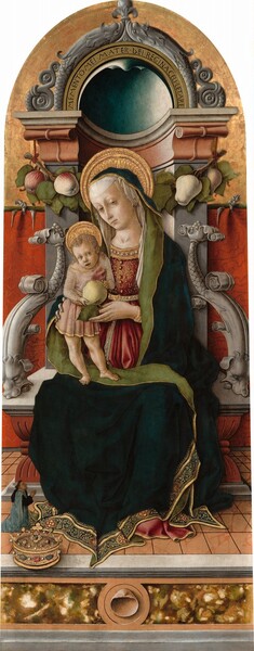 A young woman sits with a small child standing on her lap on an ornate throne as a third person, tiny in scale, kneels and looks up from the lower left corner in this tall, narrow, vertical painting, which has an arched top. The woman and child have pale skin and flat gold halos behind their heads, and the tiny person near the corner has light brown skin. The woman’s body faces us and her head tilts to her right, our left, toward the child, but she cuts her pale eyes down and slightly to our right. She has a delicate, long nose and her small lips are closed in a straight line. A white veil covering blond hair is, in turn, covered with a midnight-blue mantle that falls over her head, shoulders, and body. The underside of her cloak is emerald green where it turns back down over her chest and across her lap. The bottom hem is lined with a wide decorative band with scrolling vines and leaves in gold, and it pools around her feet on the floor. She wears a raspberry-red dress with gold vines over the chest and pearls lining the neckline. With her left hand, on our right, she supports the child on one hip. Her other hand braces the stem of the green apple the baby holds in both hands. Short, blond curls frame the baby’s face. He looks up and to our right with light eyes. He has a short, rounded nose and his lips are parted. His head is large like a baby's, but the proportions of his torso, arms, and legs more closely resemble those of an adult. He wears a pale, rose-pink tunic edged with gold, and his legs and feet are bare. The elaborate throne has an arched top that mirrors the top edge of the arched panel. An inscription in the stone up along the curve of the throne reads, “MEMENTO MEI MATER DEI REGINA CELI LETARE.” A garland of  pale green and red fruit, probably apples, hangs behind the woman’s head. There are fantastical creatures where the arms of the throne would be. Carved from the same nickel-gray stone, each arm is made up of dog's face, with mouth wide open and braced against the seat of the chair. A husk-like covering curves up and back to a section of fish's scales, and each arm ends with an ornament like a bunch of grapes where it meets the back. A scarlet-red cloth hangs behind the thorne, against a gold wall, with a salmon-pink floor below. The miniature kneeling man near the lower right corner is only ankle high. His dark hair is cut into a ring around his head. He has a darker complexion and wrinkles around his mouth. He wears long, topaz-blue garment over a black robe. He holds his hands in prayer and looks up at the woman and baby, lips parted. Scaled to the woman, a jeweled crown sits on the floor nearby, projecting behond the front face of a panel of stone with a shell painted at its center.