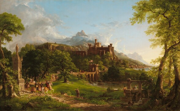 In a verdant green landscape, a stone castle sits on a tree-lined hill in the distance in front of a high, craggy mountain peak while eighteen armored knights ride toward us along a bridge and path in this horizontal painting. The people whose faces we can see have pale skin. The knights are small in scale within the vast landscape, and they all hold long spears. Their procession is led by a knight on a white horse, which wears a gold bridle and lattice-like blanket. That knight has a ruby-red cloak over his armor, and his helmet has a red feathered plume. The other knights wear cloaks in tan, pale pink, or red, and some of their horses are covered with light brown blankets. Near the lower left corner, the path they ride on passes behind a tall, narrow plinth. The faces of the plinth are carved with pointed arches under ornate molding. A person atop the pointed, roof-like top of the structure stands facing away from us, wearing a robe. A gold halo is affixed to her head over long hair, and we see the small head of a baby over one crooked elbow. Near the base of the plinth, the horse at the head of the procession shies away from a man who stands to the side of the road a little farther along, near the bottom center of the painting. That man has a long white beard, and the brim of his hat is pushed back over his forehead, possibly pinned to the crown of the hat. He wears a loose brown robe and sandals, and a satchel is tied around his waist. He holds up one hand, palm out, toward the knights as he looks in their direction, facing our left in profile. In the other hand, he supports a tall staff with a knob at the center and a palm frond tied to the top. In that hand, he also holds a cross hanging from a string of red beads. As the path continues to our right, it passes an arched, free-standing structure, which has a fountain on the side facing us. A man holding a curved staff and a woman, both wearing togas, stand near the structure, looking at each other. On our side of the structure, a goat walks toward the fountain. A river extends behind the structure, back across the composition, and under the bridge leading from the castle. Tall or craggy trees grow along the side of the path as it winds into the distance to our left, and over the hill that rises to the crenelated castle complex. Touches of white and tan suggest people lining the walls of the castle and the tower over the drawbridge. A flat-topped, grassy butte rises beyond the castle, and a waterfall cascades over the edge near the drawbridge. Steep, hazy mountains rise sharply in the deep distance. Dashes of black paint indicate birds flying over the treetops near the castle, and miniscule white dots on the plateau could be grazing sheep. A town lines a body of water at the foot of the castle in the distance. White sailboats float in the water or are pulled up close to the shoreline. Opalescent white clouds curl up over the mountain top and ring the upper peaks in an otherwise clear, ice-blue sky.