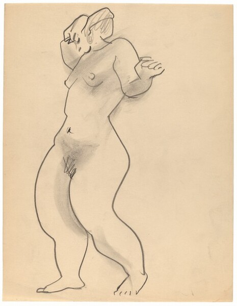 Standing Female Nude Turned to the Left, Arms Raised, Head Lowered