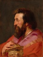 Shown from the chest up, a man with peach-colored skin sits in profile facing our left with downcast eyes in this vertical painting. He has a chestnut-brown beard and hair, brown eyes under thick brows, a slightly bumped nose, and pale, coral-pink lips. His nose and cheeks are tinged with pink. His robe is vibrant rose pink over the shoulders and scarlet red over his arms. The two colors are separated by a band of gold fringe. A bright, zigzagging line along the neckline could be a necklace or the edge of a white collar. He holds a lidded vessel close to his left shoulder, closer to us. One hand tips the lid off the rounded bowl held in his other hand, which is cut off by the bottom edge of the canvas. The cup and lid are embellished with a row of bulging bosses around their edges. Inside the vessel is a glimpse of rounded, dark brown objects. The man is lit from the upper left, and the background is a mottled olive green and ginger brown.