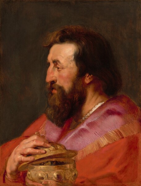 Shown from the chest up, a man with peach-colored skin sits in profile facing our left with downcast eyes in this vertical painting. He has a chestnut-brown beard and hair, brown eyes under thick brows, a slightly bumped nose, and pale, coral-pink lips. His nose and cheeks are tinged with pink. His robe is vibrant rose pink over the shoulders and scarlet red over his arms. The two colors are separated by a band of gold fringe. A bright, zigzagging line along the neckline could be a necklace or the edge of a white collar. He holds a lidded vessel near his left shoulder, closer to us. One hand tips the lid off the rounded bowl held in his other hand, which is cut off by the bottom edge of the canvas. The cup and lid are embellished with a row of bulging bosses around their edges. Inside the vessel is a glimpse of rounded, dark brown objects. The man is lit from the upper left, and the background is a mottled olive green and ginger brown.