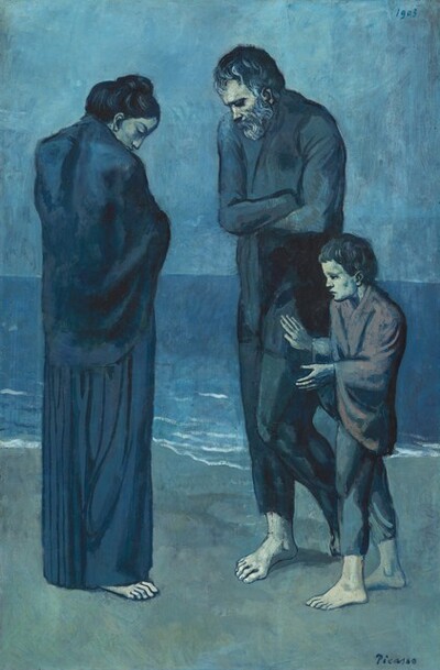Painted entirely in shades of blue, this vertical scene shows a woman, an elderly man, and a young child standing close to each other near the edge of gently lapping waves. All three people have gray complexions tinged with blue, are barefoot, and their features, clothing, and bodies are outlined. To our left, the woman’s back is to us, and her face is turned in profile to our right as she looks down at the ground. Her navy-blue, nearly black hair is pulled up in a loose bun. She wears a deep ocean-blue shawl over a long skirt that covers her entire body except for bare toes peeking out under the hem. The form of the shawl protrudes a bit on the right as if she holds her arm across her body. The slightly taller man stands across from her to our right with his body mirroring the woman’s. He crosses his arms tightly across his chest as he gazes down in profile. The eye we can see is deeply shadowed, and his hands are tucked into his elbows. He has a beard and short, dark hair with streaks of sky blue. His long, marine-blue shirt blends into his pants, which are cut off at the ankles. Unlike the woman, he stands with the weight on one foot, the other knee bent. To our right and in front of the man, the child stands facing our left in profile. He has short, dark hair, and he looks toward the woman. He touches or gestures near the man’s thigh with his right hand, farther from us, and holds his other out in front of his waist. His shawl has a reddish tint, which contrasts with his ankle-length, stone-blue pants. The trio stands on aquamarine-tinted sand before gentle waves along a shoreline. In the top third of painting, the sky is a block of celestial blue. The artist signed his name, “Picasso,” in a dark blue in the lower right corner and dated the painting, “1903” in the upper right.