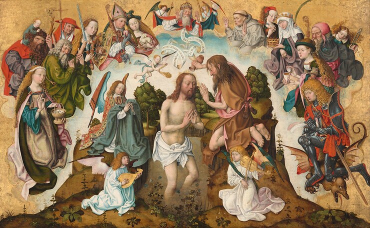 Surrounded by twenty-two men, women, and winged angels, a young man, wearing only a white loincloth, stands in a shallow body of water facing another man who kneels on the bank next to him and pours water onto his head in this horizontal painting. All the people have pale skin. At the center of the composition, the man in the water, Jesus, stands with his body angled slightly to our right. He is slim with shoulder-length, chestnut-brown hair, and he raises his hands to his chest, fingertips almost touching. To our right, the man who trickles water onto his head, John, faces our left in profile. Long, scraggly brown hair and beard frame his lined, wrinkled face, and he wears a camel-brown robe covering his torso and legs. It appears to be made from an animal skin whose face hangs at the bottom, draped over the edge of the riverbank. His bare arms reach forward toward Jesus as he upends a vessel in his right hand to pour out drops of water. The pair is flanked by three angels. The angel kneeling on the bank to our left has red hair and rust-red and teal-blue wings. That angel wears a scarlet-red cloak richly decorated with gold patterns and bordered with gemstones. With hands raised and fingertips touching, the angel holds a gray-green cloak hanging over a white robe. Two smaller angels kneel closer to us in front of the men. The red-headed angel on our left wears a powder-blue robe and strums a lute. The other, with blond hair and a white robe, draws a bow across a violin to our right. A crowd of fifteen people float above and around Jesus, John, and the angels to create an arch over them. They are dressed in robes of crimson or rose red, violet purple, peacock blue, moss green, or beige, and some are dressed as clergy members. Each person holds an object, for example, a basket of wafers, a sword, or a bishop’s crook. A man on the right side wearing armor kneels on a dragon. An elderly bearded man wearing a crown sits at the top of the arch with his hands raised. Small angels on either side of him hold open his scarlet-red cloak, which is lined with peacock blue. A long, narrow scroll curls in the pale blue sky under him. It reads, “HIC EST EILIVS MEVS DILECTV IN QVO MICHI CONLICVI.” The landscape around Jesus, John, and the angels on the riverbank creates a low hill topped with bushy trees. A half moon of pale blue sky encloses the landscape, creating a dome shape across the center of the composition. The crowd of men and women seem to float between the sky and the shiny gold background that surrounds the people and whole scene.