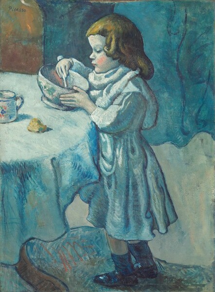 Painted almost entirely in shades of cool blues, a little girl stands at a table holding a bowl and spoon in this vertical painting. The table comes into the scene from our left, and she faces it in profile facing our left. The table is covered with a cloth and comes up to her chest. She looks down into the bowl, which she tips toward her with the hand closer to us, and she holds a spoon inside, as if stirring, with the other. She has a high forehead, a snub nose, and a rounded chin. The vivid pink of her lips and cheeks and the tawny brown of her shoulder-length hair contrast with the icy blues of the rest of the picture. She wears a knee-length dress with a wide cloth wound around her neck with the ends trailing down her chest and back. Marine-blue socks come halfway up her otherwise bare calves, and she wears dark shoes. There are two more objects on the table: a mug, painted with a coral-orange and blue design, and a flax-yellow object that could be a piece of food. The girl's dress, the cloth around her neck, and the tablecloth are painted in shades of turquoise, sky, and cobalt blue. A brown wooden leg emerges from under the tablecloth. The floor around the girl is pale blue with a darker blue area indicating the shadow cast by the table. The shadow is streaked with a few lines of orange and light brown. Blue fields on the back wall behind the girl could be blue curtains next to a patch of brown wall, in the upper left corner. All of the objects and the girl’s features are outlined in royal blue. The artist signed the upper left corner, “Picasso.”