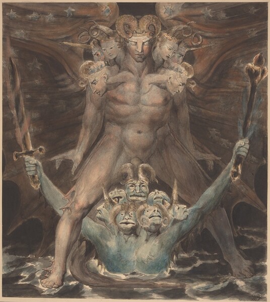 A nude, muscular man with pale mauve-pink skin and seven human heads straddles a blue-skinned creature with seven beast-like heads in this vertical ink and watercolor illustration. The body of the Great Red Dragon, the creature with mauve skin, and his outstretched, webbed wings nearly fill the composition. The wings are spotted with silver, five-pointed stars. Rams’ horns scroll from his central head and some of the smaller heads to each side. Two of the outer heads have horns like unicorns but the faces are obscured by others in front. He stands with knees slightly bent and feet widely planted on choppy waters. His arms are thrust straight by his sides so the palms face down and the fingers flare outward. Fins jut out from next to his right knee and ankle, to our left. The second creature, the Beast from the Sea, is between the Great Red Dragon’s legs, sunk up to the chest in the white-crested water. The Beast looks up at the Great Red Dragon with all seven, equally sized heads. These heads also have straight or curling horns but exaggerated, thick lips and feline-like noses. The Beast raises both arms so one is in front of one of the Great Red Dragon’s legs and the other is behind. The Beast holds up a flaming sword with the right hand, to our left, and a flaming object, perhaps a scepter or torch, in the other hand. The background behind the pair is inky black. The artist signed the lower right, “WB inv.”
