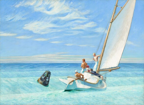 A buoy and a sailboat with three men and a woman tip at an angle on rolling aquamarine and azure-blue waves in this horizontal painting. The white wooden boat sails away from us toward the right side of the composition. Its unfurled sail is tinged with taupe and pale blue and attached to a pale wooden mast. The boat has a low cabin with round portholes on the side we can see. Two of the men are shirtless, tanned, and have their backs to us. One sits in the cockpit wearing a white hat with a short brim as he holds the tiller. The other man stands on the deck with his arms crossed. Beyond the standing man, the woman lies along the roof of the cabin, her head at about the height of the man’s chest. She is barefoot and lies on her stomach wearing long, blue pants and a watermelon-pink halter top and matching kerchief covering her hair. The third man stands to her right, his slender body angled toward us while holding onto the mast with one hand and rigging with the other. The woman and third man have noticeably pale skin. A buoy near the boat is battleship-gray with streaks of rust along its base and a copper-green bell inside. It floats just to the left of and tips toward the boat on a rising swell. The scene is lit by bright sunlight coming from the left side of the baby-blue sky with bands of feathery clouds, which takes up the top two-thirds of the composition. The artist signed the lower right, “EDWARD HOPPER.”