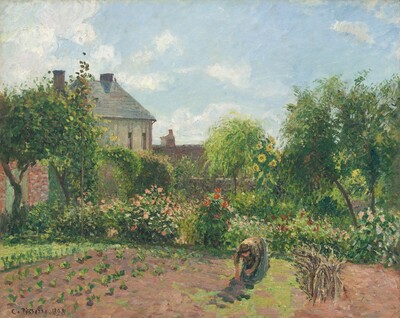 A woman bends double to tend a garden that stretches before us in front of two houses in this horizontal landscape painting. The scene is painted with short, visible brushstrokes with a palette dominated by spring, pine, and celery green and earthy tan, peanut, and chestnut brown. Touches of canary yellow, pale pink, coral, and ruby red suggest sunflowers, roses, and other flowers. The woman wears a long, steel-gray skirt and a long-sleeved olive-green shirt. Her brown hair is bound up, and her face and hands, indicated with only a few short swipes of paint, are pale peach. She stoops over a light green patch to our right of center near a bundle of sticks or a group of tall dried stems, to our right. Leafy greens have been planted in rows to our left. Across from us, beyond the cultivated rows, masses of flowers grow in a band that nearly spans the width of the composition. Beyond, a gray stone house with a dark gray roof and a second brick red roof rise above the plants and trees. The pale blue sky above is dotted with cotton-white clouds. The artist signed and dated the work with dark paint in the lower left corner: “C. Pissarro 1898.”