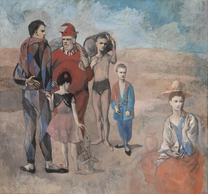 A group of three men, two children, and one woman gather in an empty, dusky rose-pink landscape under a blue, cloudy sky in this nearly square painting. Most of the people have muted, peachy skin, and the woman and the youngest boy have cream-white skin. The woman sits on the ground to our right, apart from the rest of the men and children. She wears a coral-red skirt, a beige shawl, and straw hat, and she looks into the distance to our right. The others stand in a loose semi-circle on the left half of the composition. A man wearing a multicolored, diamond-patterned costume stands with his back to us to the left. He looks to our right in profile and holds the hand of a little girl who also stands with her back to us. She wears a pink dress and white stockings, and her right hand rests on the tall handle of a white basket. A portly man wearing a scarlet-red jester’s costume and pointed hat stands opposite this pair, facing us to our right. Next to him to our right a young man wears a tan-colored leotard with a black bottom. He holds a barrel over his right shoulder and looks over to our right. The sixth person is the youngest boy, who wears a baggy blue and red outfit, and he looks toward the woman. The eyes of all the figures are deeply shadowed.