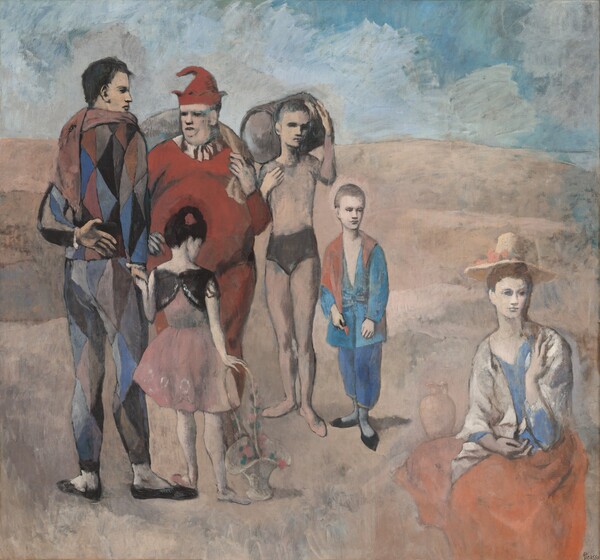 A group of six white people—three men, two children, and one woman—gather in an empty, dusky rose landscape under a blue cloudy sky in this nearly square painting. The woman sits on the ground to our right, apart from the rest of the men and children. She wears a coral red skirt, a beige shawl, and straw hat, and she looks into the distance to our right. The others stand in a loose semi-circle on the left half of the composition. A man wearing a multicolored, diamond-patterned costume stands with his back to us to the left. He looks to our right in profile and holds the hand of a little girl who also stands with her back to us. She wears a pink dress and white stockings, and her right hand rests on the tall handle of a white basket. A portly man wearing a scarlet jester’s costume and pointed hat stands opposite this pair, facing us to our right. Next to him to our right a young man wears a flesh-colored leotard with a black bottom. He holds a barrel over his right shoulder and looks over to our right. The sixth person is a young boy wearing a baggy blue and red outfit, and he looks towards the woman. The eyes of all the figures are deeply shadowed.