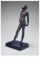 A young, nude girl is roughly modeled and cast with bronze-colored copper alloy in this free-standing sculpture. Her body is angled to our left in this photograph. Her weight rests on her left foot and her other leg extends long, the foot turned out at an angle. Her hands are clasped behind her back, and her round belly projects from her swayed hips. Her head is tipped back so her chin is lifted. Her eyes are closed, and her thin lips are set in a line. Light glints off the surface of the copper in some areas, especially on the cheek closer to us and the front of her shoulder. She stands on a rectangular base. The work is stamped on the top of the base in the front left corner, “Degas.”