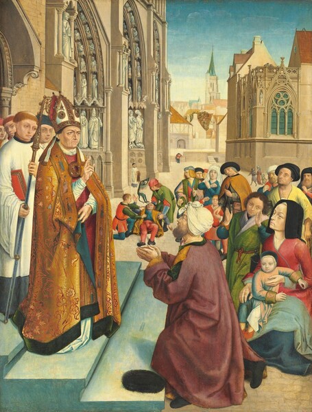 A bearded man kneels before a bishop in front of a crowd gathered outside a church in this vertical painting. The people all have pale skin. The bishop is to our left, though he stands angled to our right on the church steps. His face is lined and his eyebrows furrowed as he looks into the distance to our right. He holds up one hand with the thumb and first two fingers extended. His tall, pointed white mitre hat is widely edged with gold and jewels. A saucer-sized gold medallion fastens the two sides of his long, gold brocade robe. Under that, he wears a brick-red garment over a white shirt visible at his neck and wrists. Four clean-shaven clergymen stand behind him. The one closest to us wears white and his blond hair is cut into a ring around his head. He holds a hooked staff, a crozier, and his body blocks the others. The kneeling man, to our right, presses his hands together in prayer as he looks up at the bishop. The kneeling man wears an off-white cloth tied around his head and plum-purple, gold, and pine-green robes. A black, oval object, perhaps a cap, lies on the church step next to his knee. About fifteen men, women, and children line up beyond the kneeling man, forming a loose backward C-curve through the center of the scene. They are dressed in rose-pink, lemon or mustard-yellow, avocado-green, blue, or orange garments. At the back of the queue and seen in the near distance between the kneeling man and bishop, two men reach out to support a third man lying on the ground. The prone man looks with wild eyes and a gaping mouth at a green demon hovering overhead. The group occupies a plaza flanked by the beige stone church on the left and a large tan building with arched windows on the right. Statues and carvings fill the arched portals of the church beyond the bishop. The space is enclosed with more buildings set farther back from the two closer structures. A few wispy clouds float against the azure-blue sky overhead.   