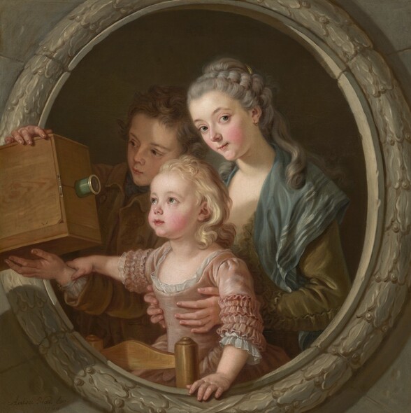 A young woman and two children are shown from the waist up through an oval, stone opening, holding and looking at a wooden box with a lens protruding from one side in this square painting. All three people have pale skin with rosy cheeks. To our right, the young woman’s body is angled to our left as she braces the torso of a young girl. The young woman looks at us from the corners of her sage-green eyes, under lifted brows. Her small, pink mouth is pursed in a slight smile, and she has a faint dimple in her rounded chin. Her heather-gray hair is partially plaited over the crown of her head, and long curls fall over her shoulders. She wears a spruce-blue shawl over the shoulders of her low-cut, olive-green dress. The child she braces has chubby cheeks, and her wavy blond hair is brushed back from her forehead and falls loosely to her shoulders. She wears a blush-pink dress with ruffles on the half-length sleeves and gossamer-white trim around the neckline and cuffs. The top and side rails of a wooden, ladderback chair up against the inside of the opening suggests she stands or kneels on a backward-facing chair. She rests her left hand on the edge of the stone opening and her other hand on the wrist of the boy standing close behind her. Mostly in the shadow behind the others, the boy has small, pointed features and short, curly, sable-brown hair. He wears a tan coat, and a muted blue scarf is tied at his throat. The two children gaze at the wooden box the boy holds, which is about the size of a toaster. A short, cylindrical, brass-lined lens pokes out of the center of the side facing the trio. The oval opening through which we see them is carved on our side with stylized leaves and berries, and the wall around it is the same elephant gray as the carvings. The girl and the box cast a shadow across the opening. The artist signed and dated the painting in the lower left corner, “Amedee Can Loo./1764.”